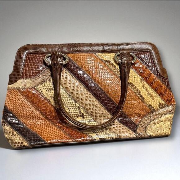 Supreme Vintage Patchwork Snakeskin Leather Handbag Brown Tan Top Handle Purse - Picture 2 of 12